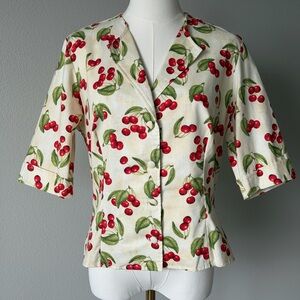 Luscious Dollz & Dames Cherry-Print Fitted Button Front Blouse-Pin-Up Cotton